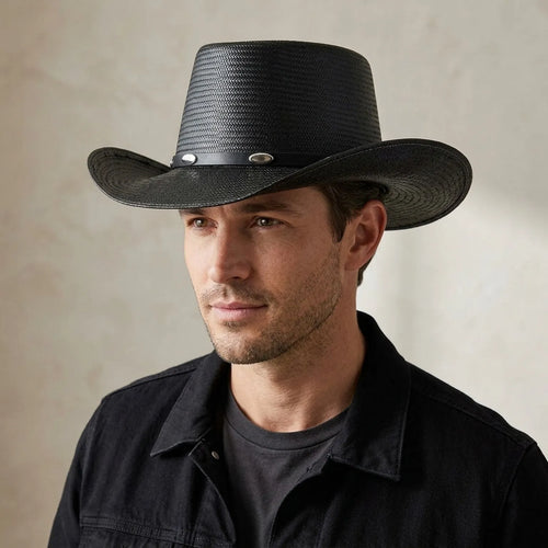 Black Straw Western Hat with Silver Conchos and Brim