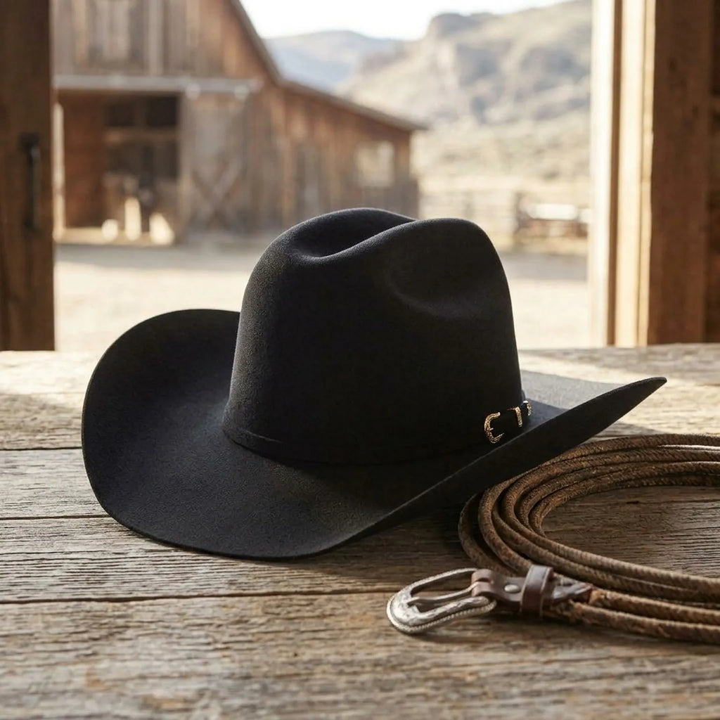 Black Wool Felt Cowboy Hat with Gold Metal Ornament