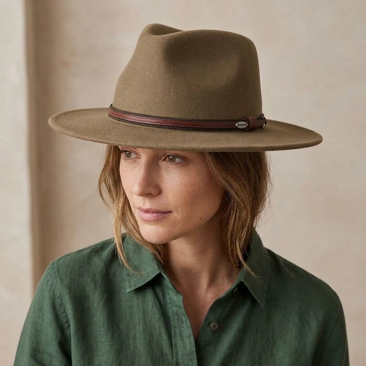 Tan Felt Fedora Hat with Leather Trim Band and Classic Pinch