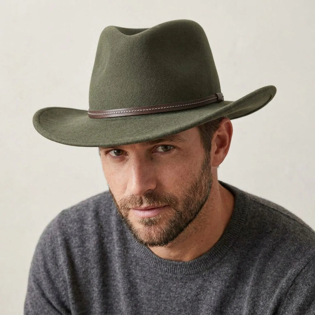 Olive Green Western Felt Hat with Stitched Leather Band