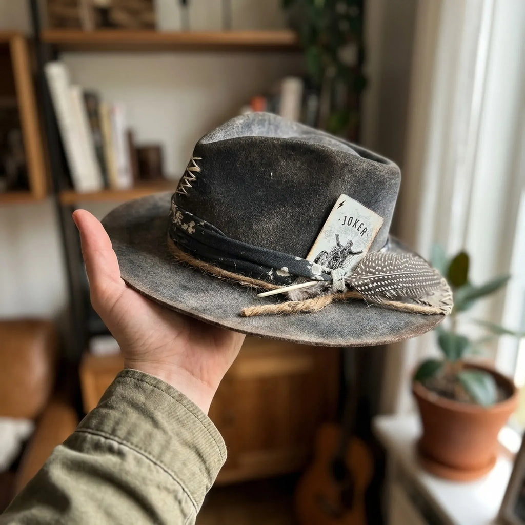 Charcoal Felt Western Hat with Joker Card and Spotted Feather