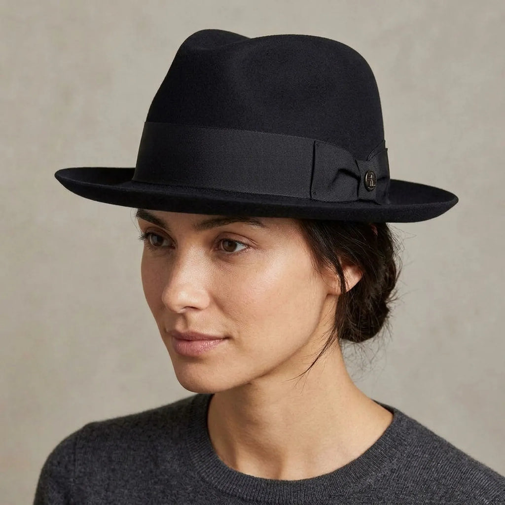 Black Wool Felt Fedora with Grosgrain Band and Bow Detail