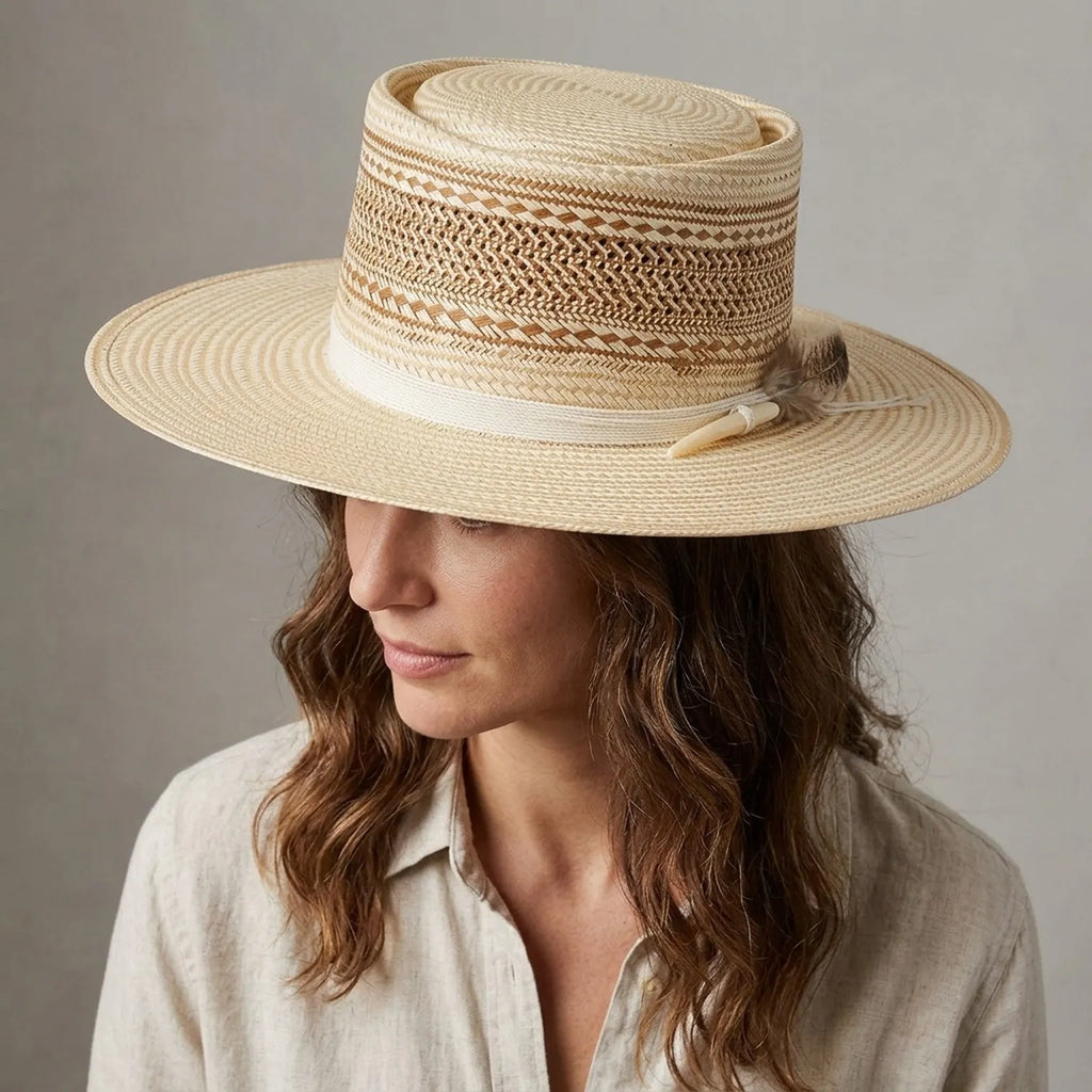 Natural Straw Boater Hat with Striped Weave and Flat Top Crown