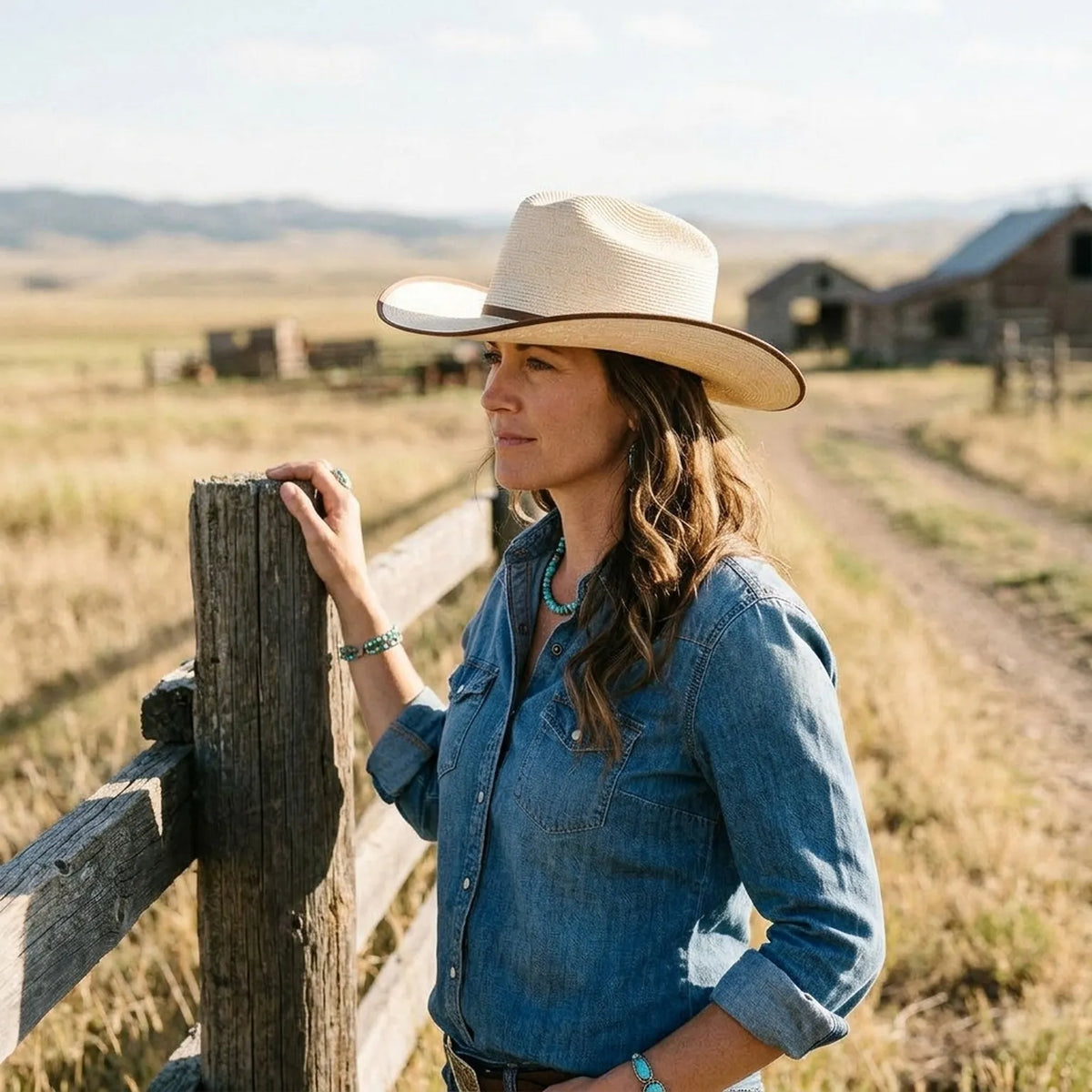 Cream Straw Western Hat with Brown Trim and Ribbon Band