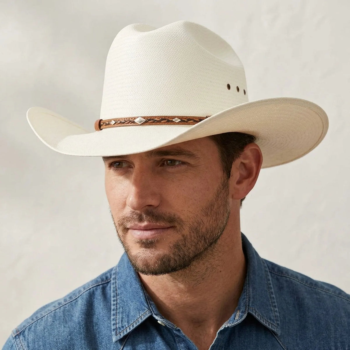 Unisex White Straw Cowboy Hat with Diamond Concho Leather Band