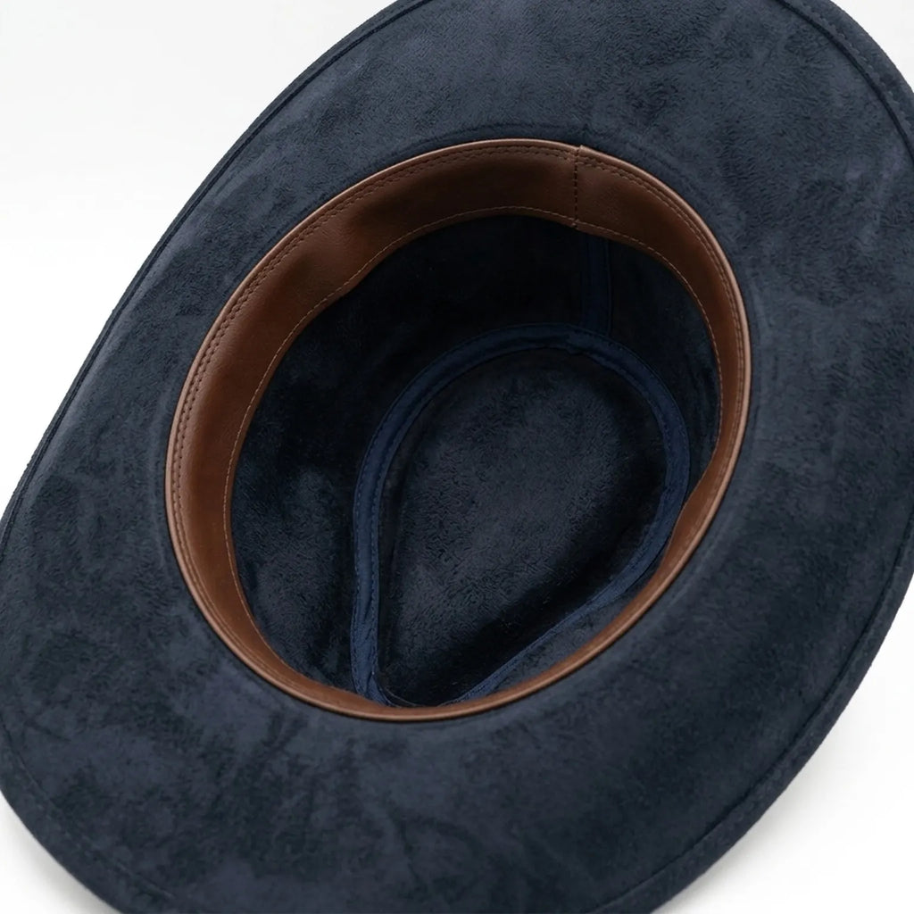 Navy Suede Western Hat With Leather Belt And Feather Cards