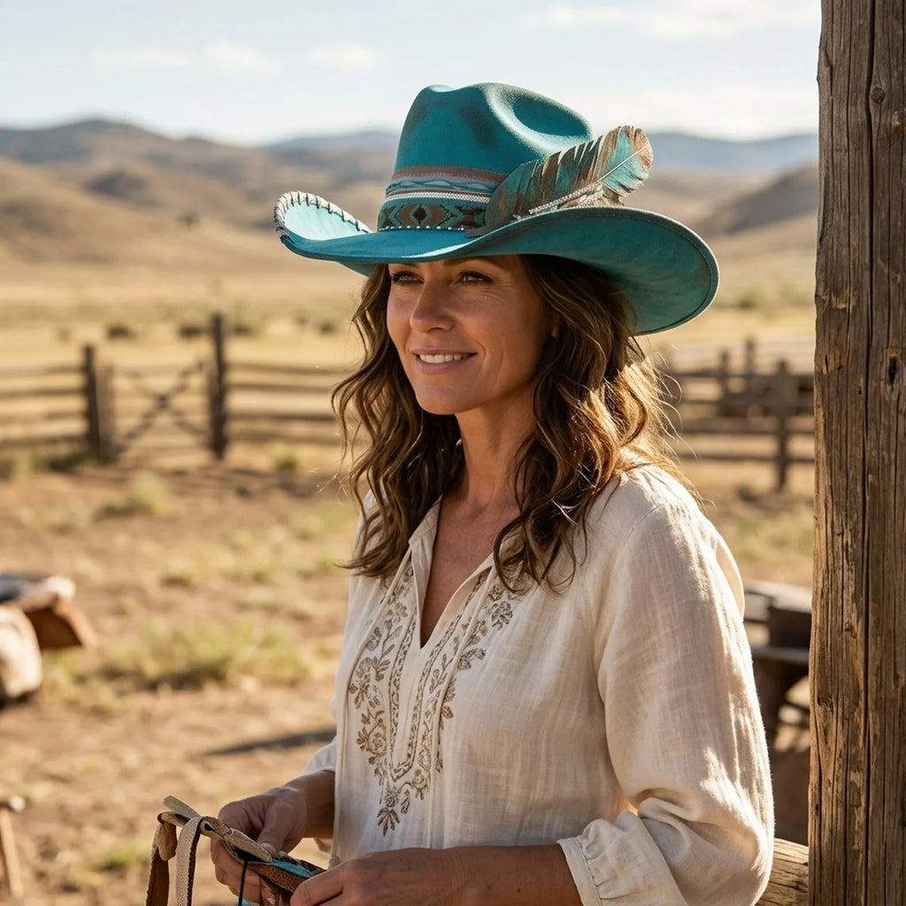 Turquoise Felt Western Hat with Leather Leaf and Aztec Band