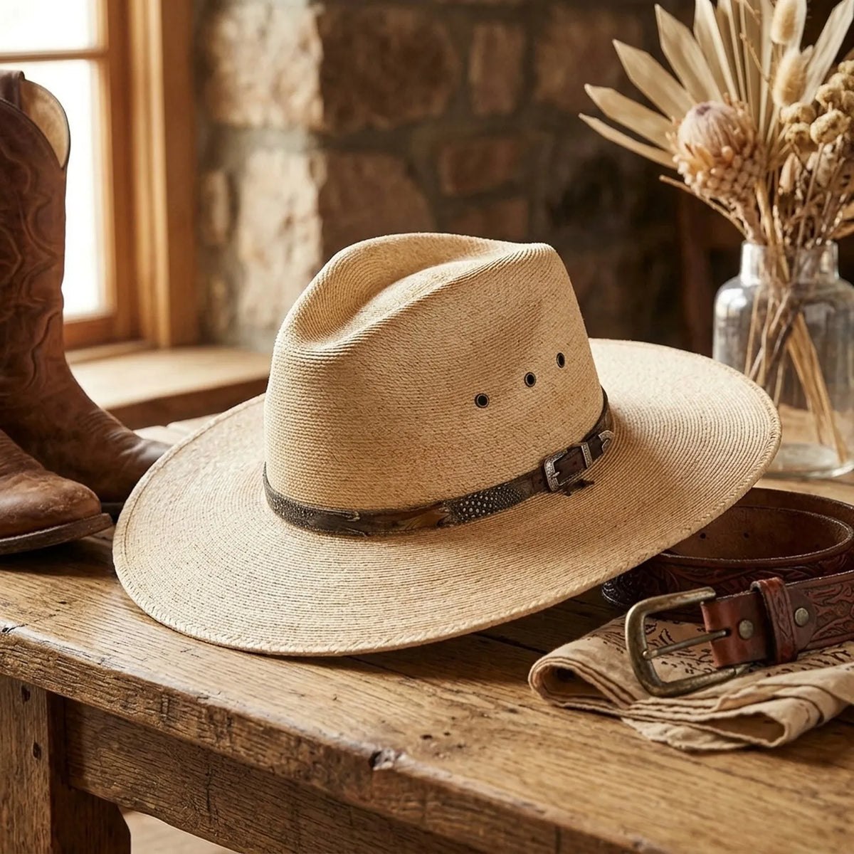 Natural Tan Straw Sun Hat with Simple Leather Band