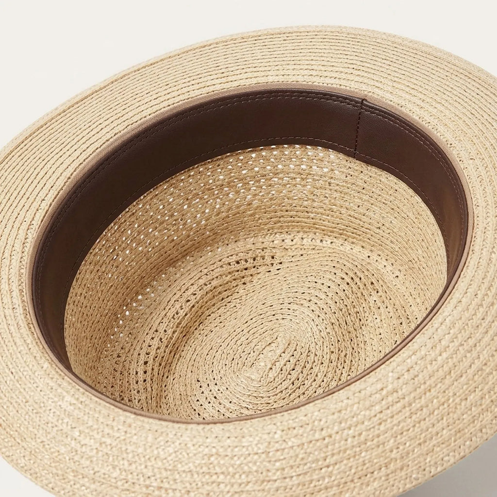 Brown Straw Fedora Hat with Open Weave Crown and Wide Band