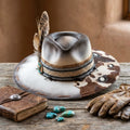 Grey Boho Fedora with Cowhide Patch and Turquoise Bead Accents