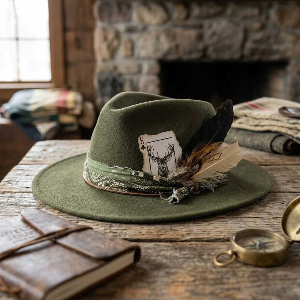 Olive Green Felt Western Hat with Paisley Band and Feather