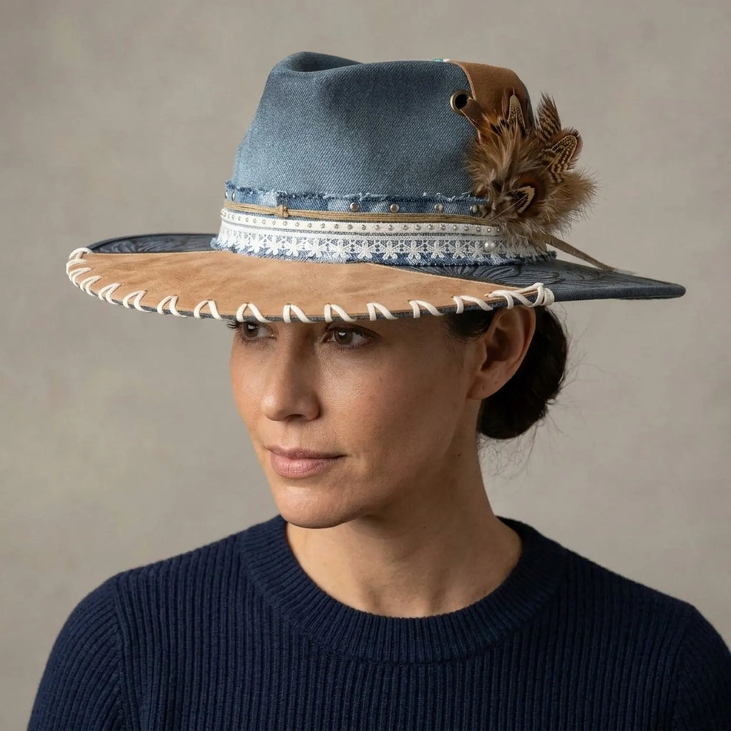 Teal Wide-Brim Western Hat with Leather Patch and Feather Cluster