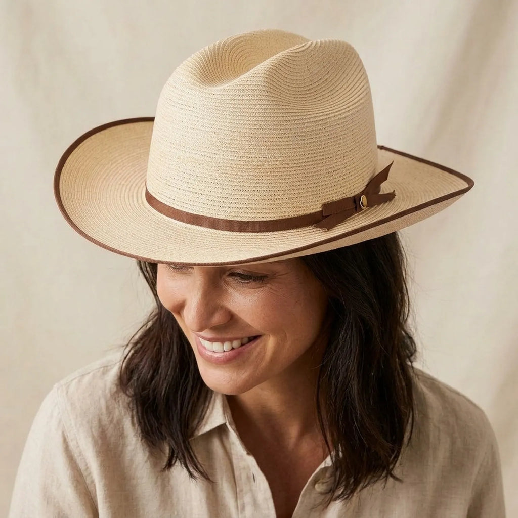 Cream Straw Western Hat with Brown Trim and Ribbon Band