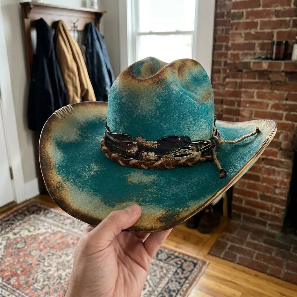 Turquoise Cowboy Hat with Braided Band and White Stitching