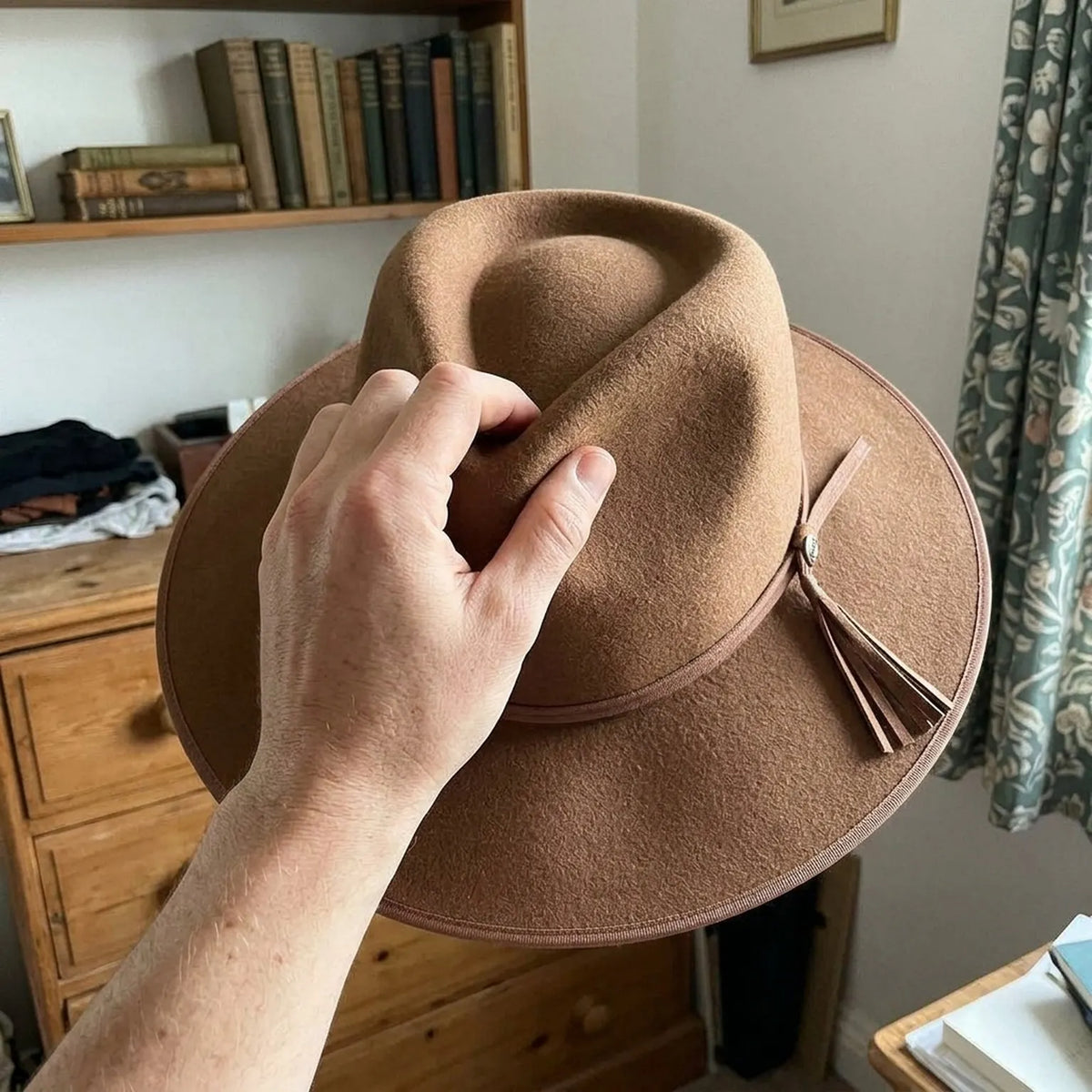 Unisex Camel Wool Felt Fedora Hat with Matching Band