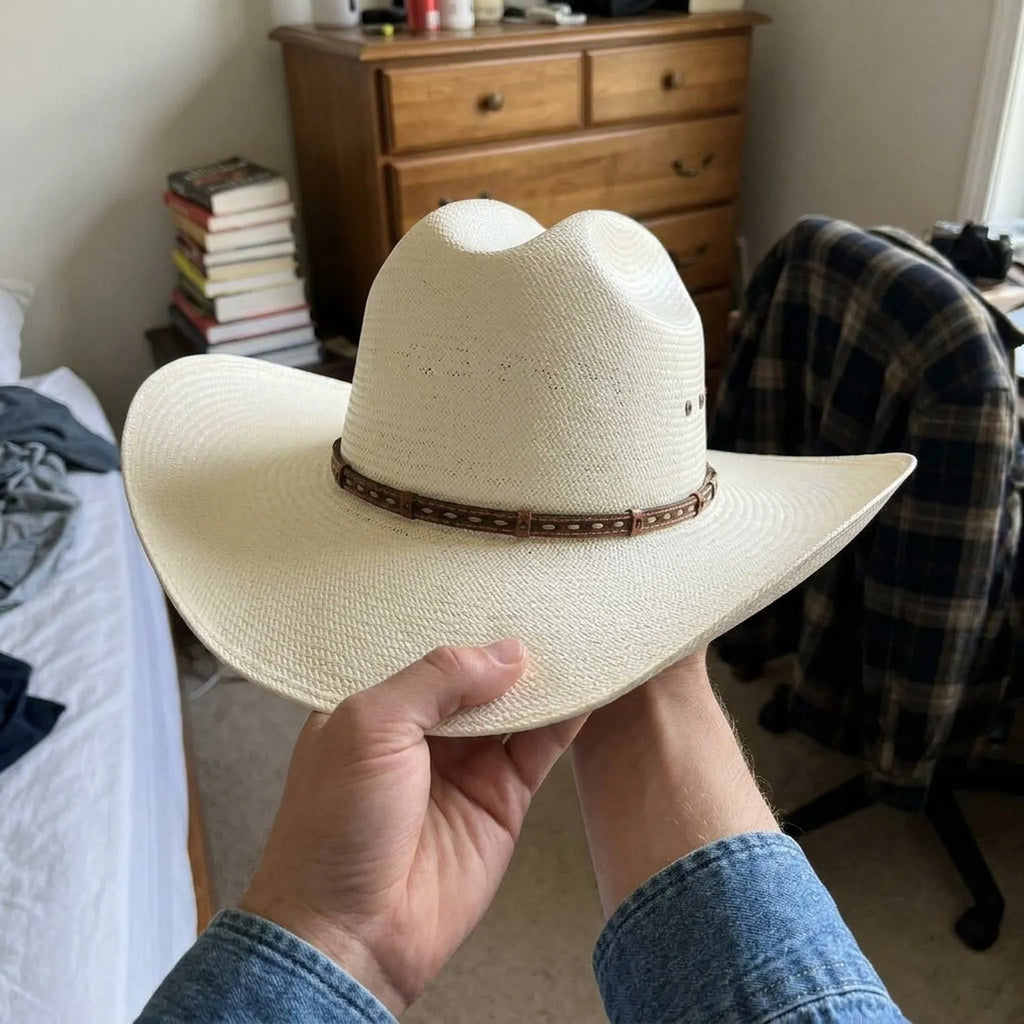 Unisex White Straw Cowboy Hat with Tooled Leather Stud Band