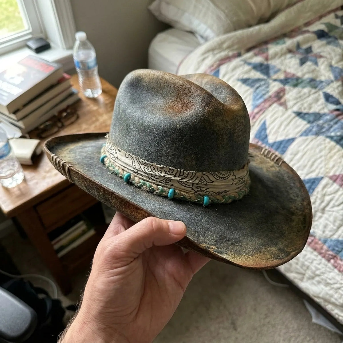Vintage Distressed Western Hat with Paisley Beaded Band
