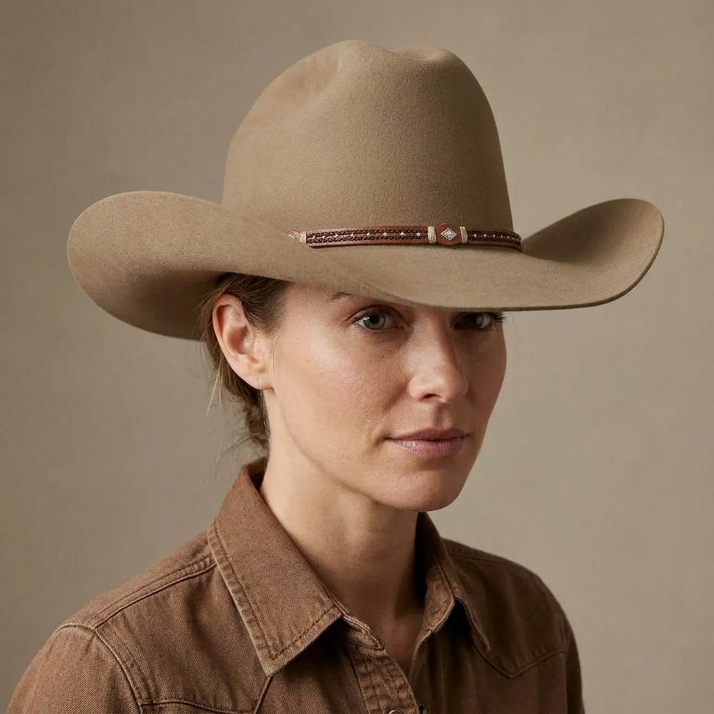 Tan Wool Felt Cowboy Hat with Beaded Leather Band | Western