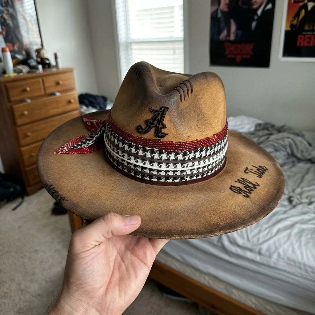 Tan Fedora Houndstooth Band Beaded Bandana Bow Stitched Crown Hat