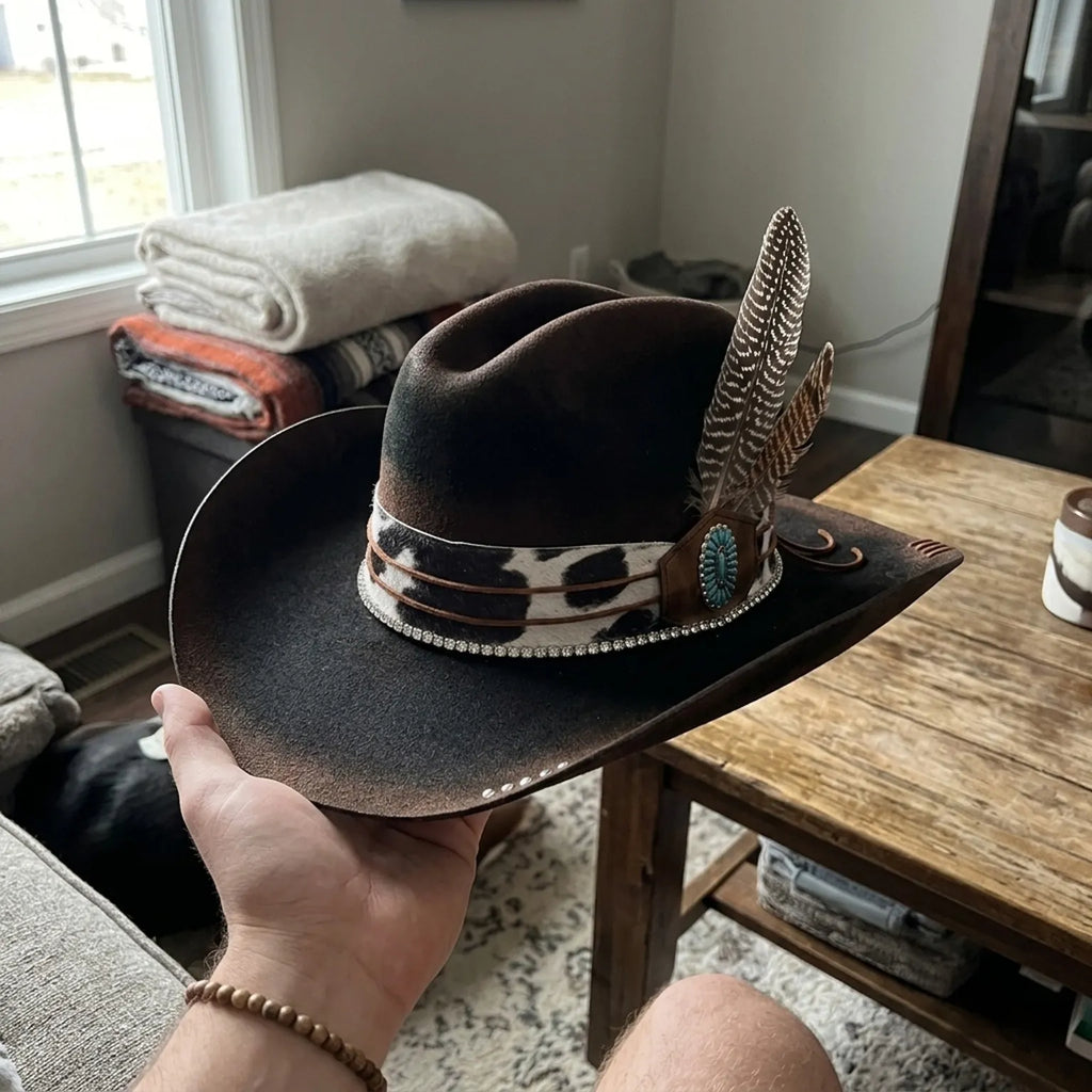 Dark Brown Cowboy Hat with Cow-Print Band and Turquoise Concho
