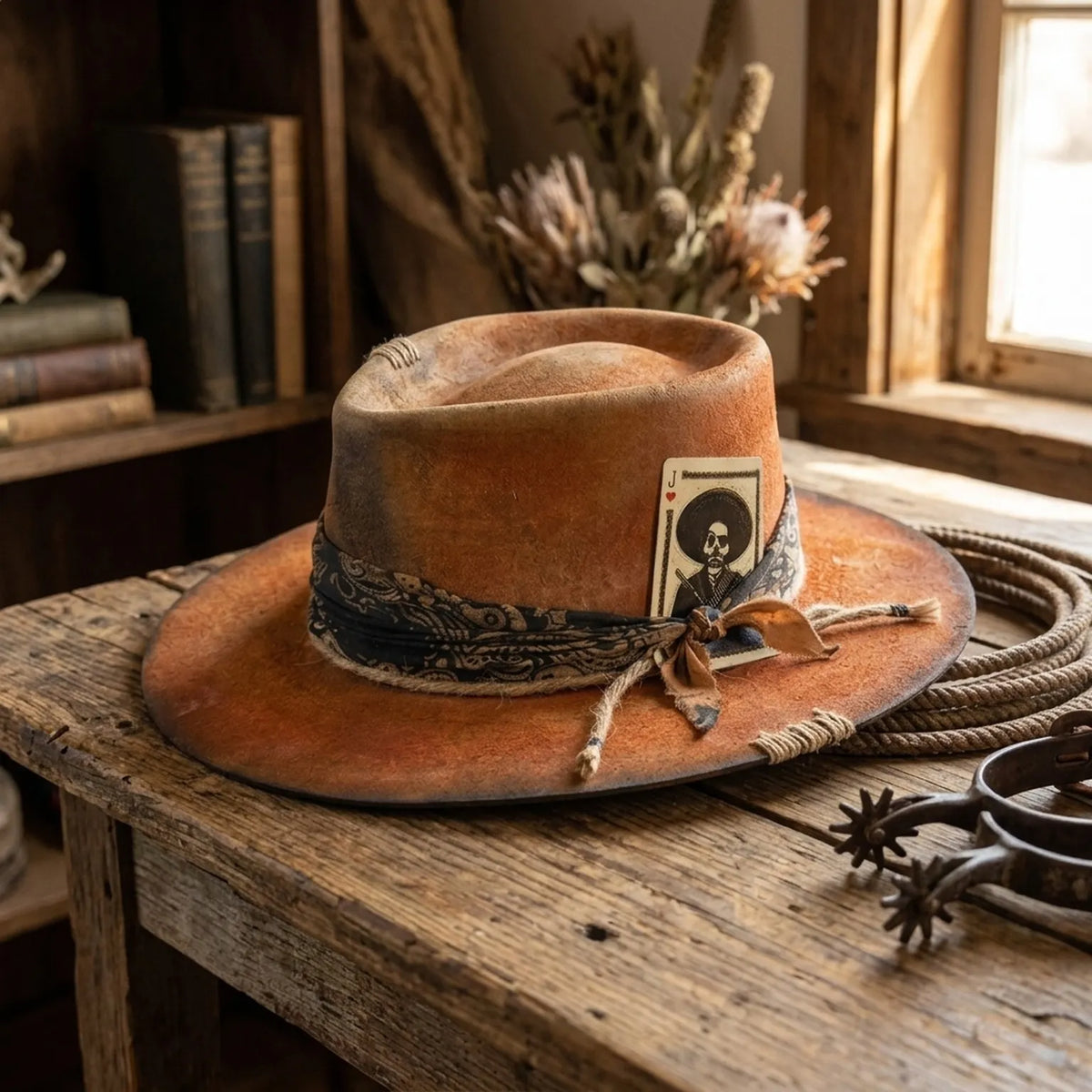 Rust Orange Western Hat with Skull Card and Bandana Band