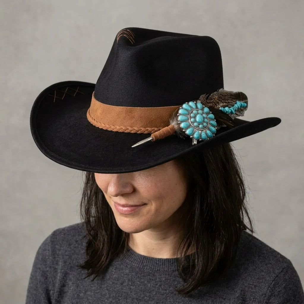 Black Felt Cowboy Hat Turquoise Concho Feather Western