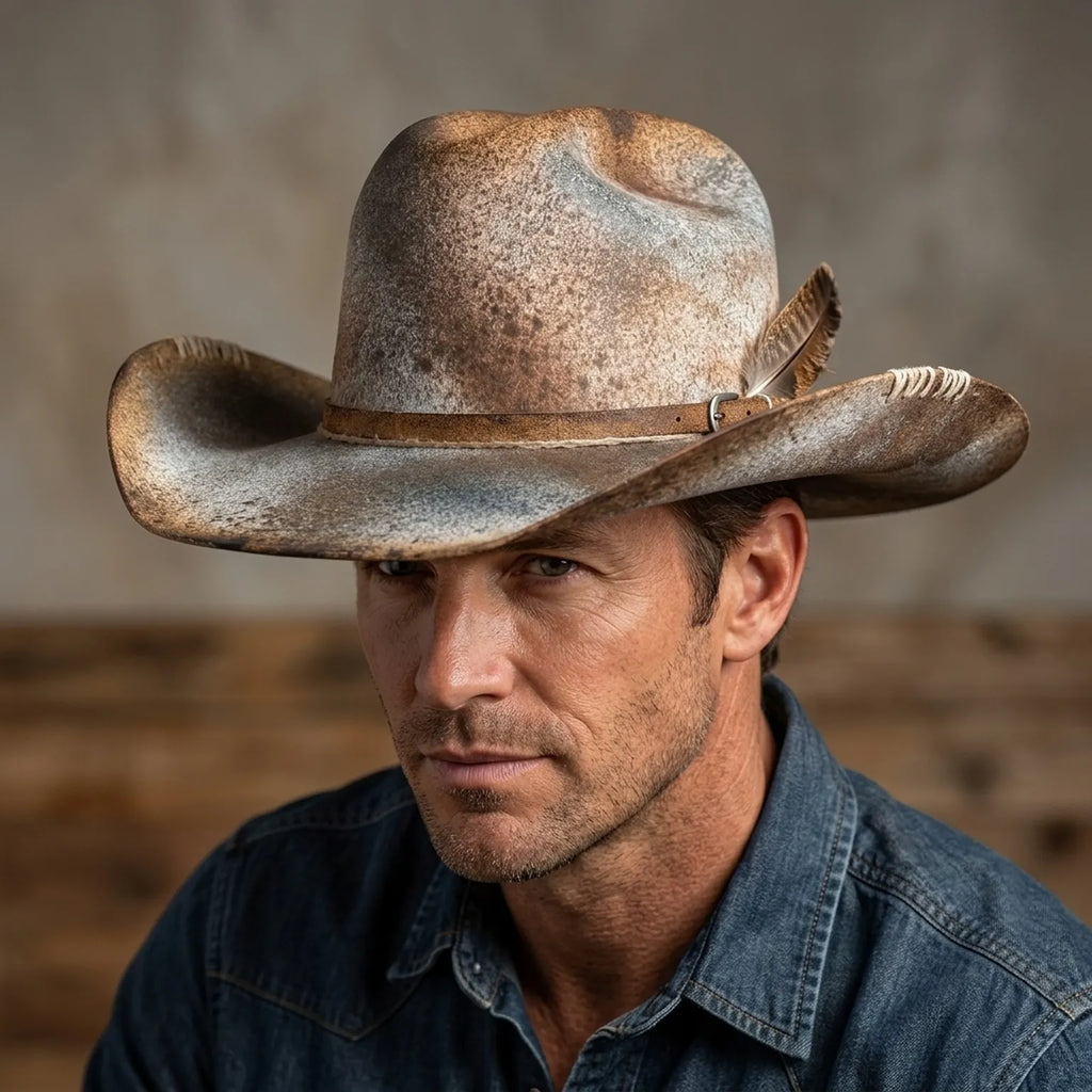 Weathered Gray Cowboy Hat with Leather Band and Stitched Brim