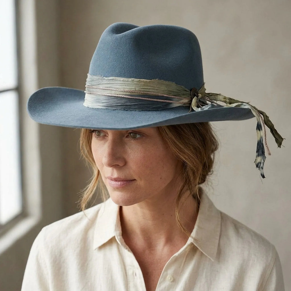 Slate Blue Felt Western Hat With Tied Fabric Band