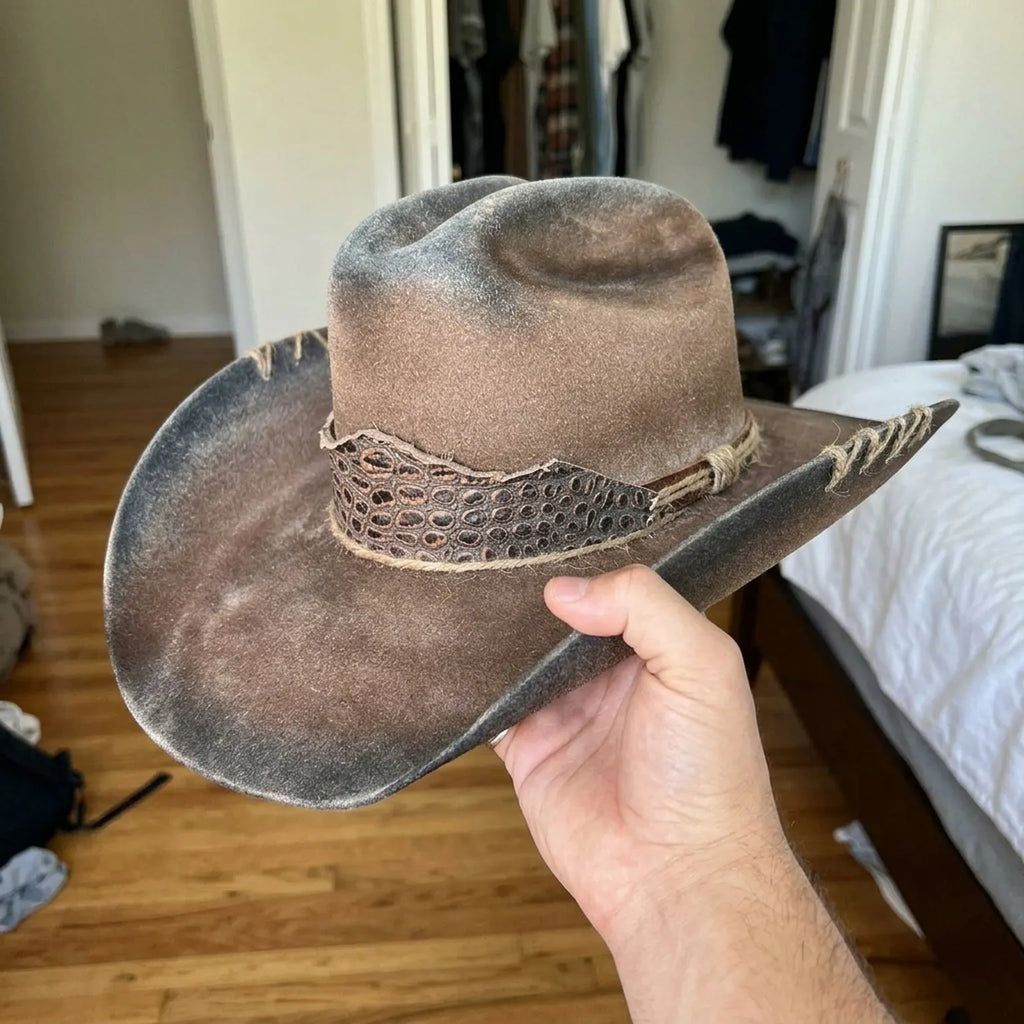 Distressed Brown Felt Cowboy Hat with Croc Leather Band