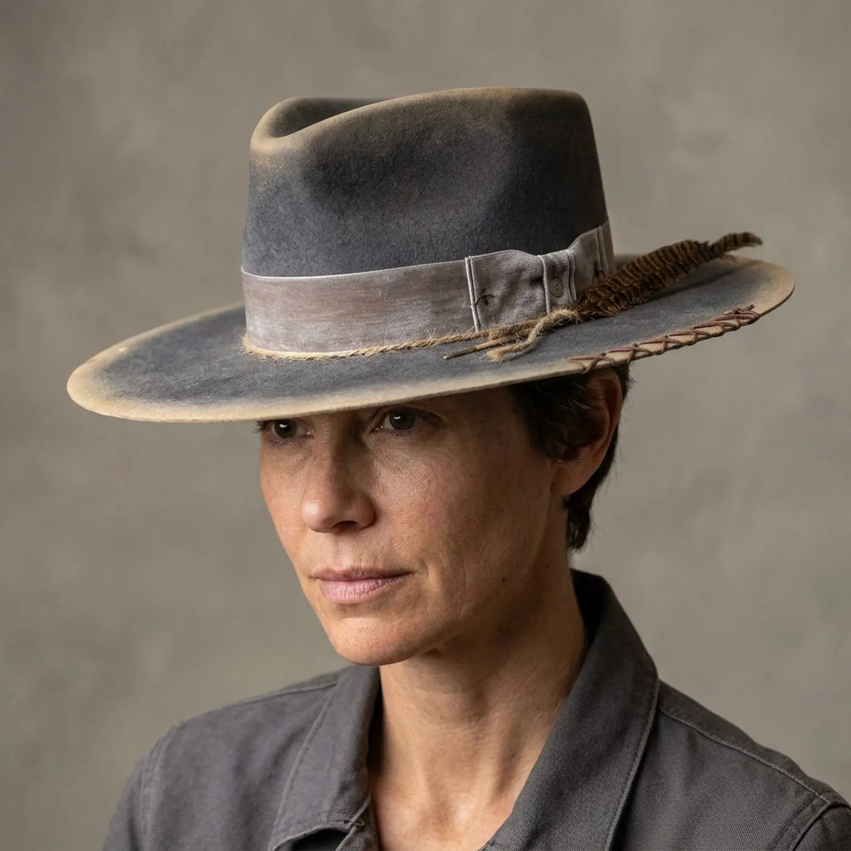 Charcoal Distressed Fedora With Brown Feather And Raffia Trim