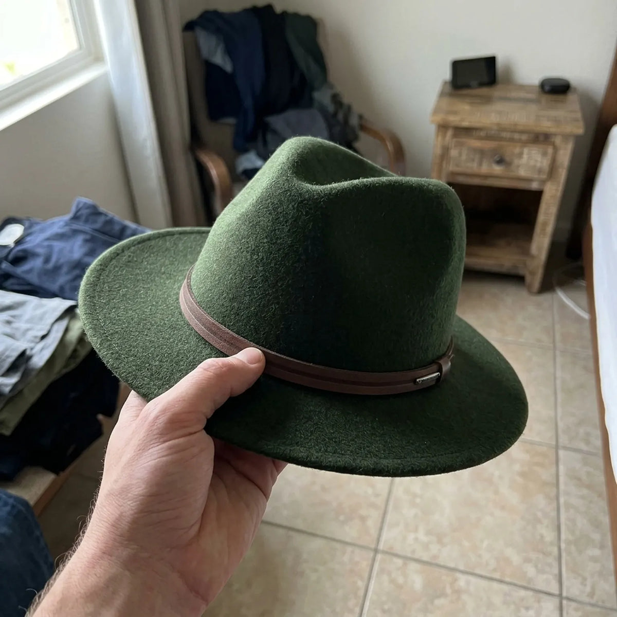 Forest Green Wool Felt Fedora with Brown Leather Band and Buckle