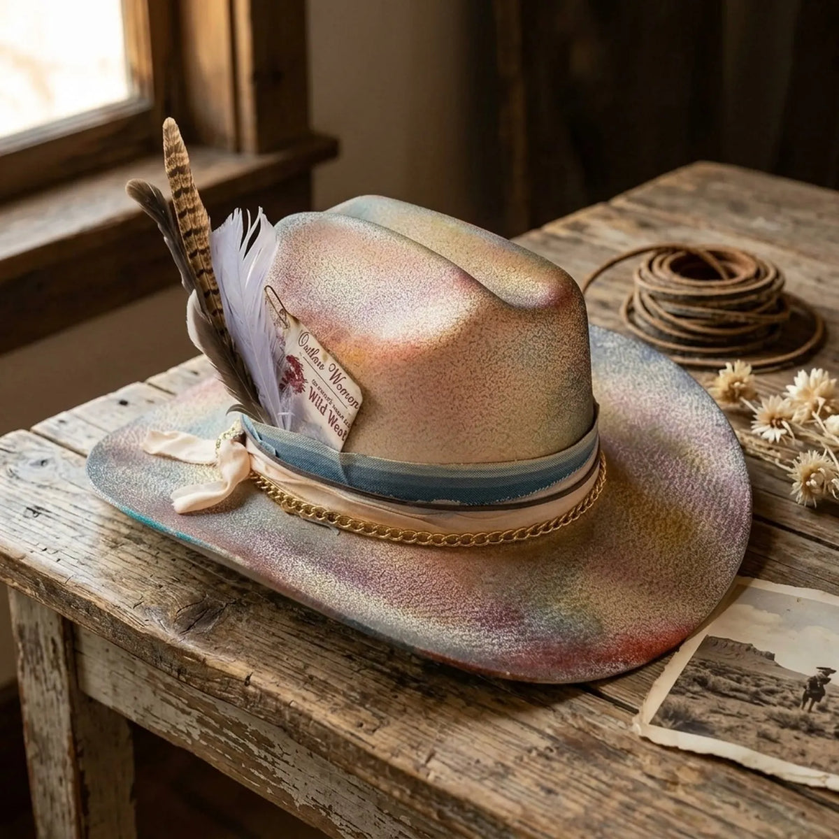 Tie-Dye Festival Fedora in Sunset Tones with Feather Chain