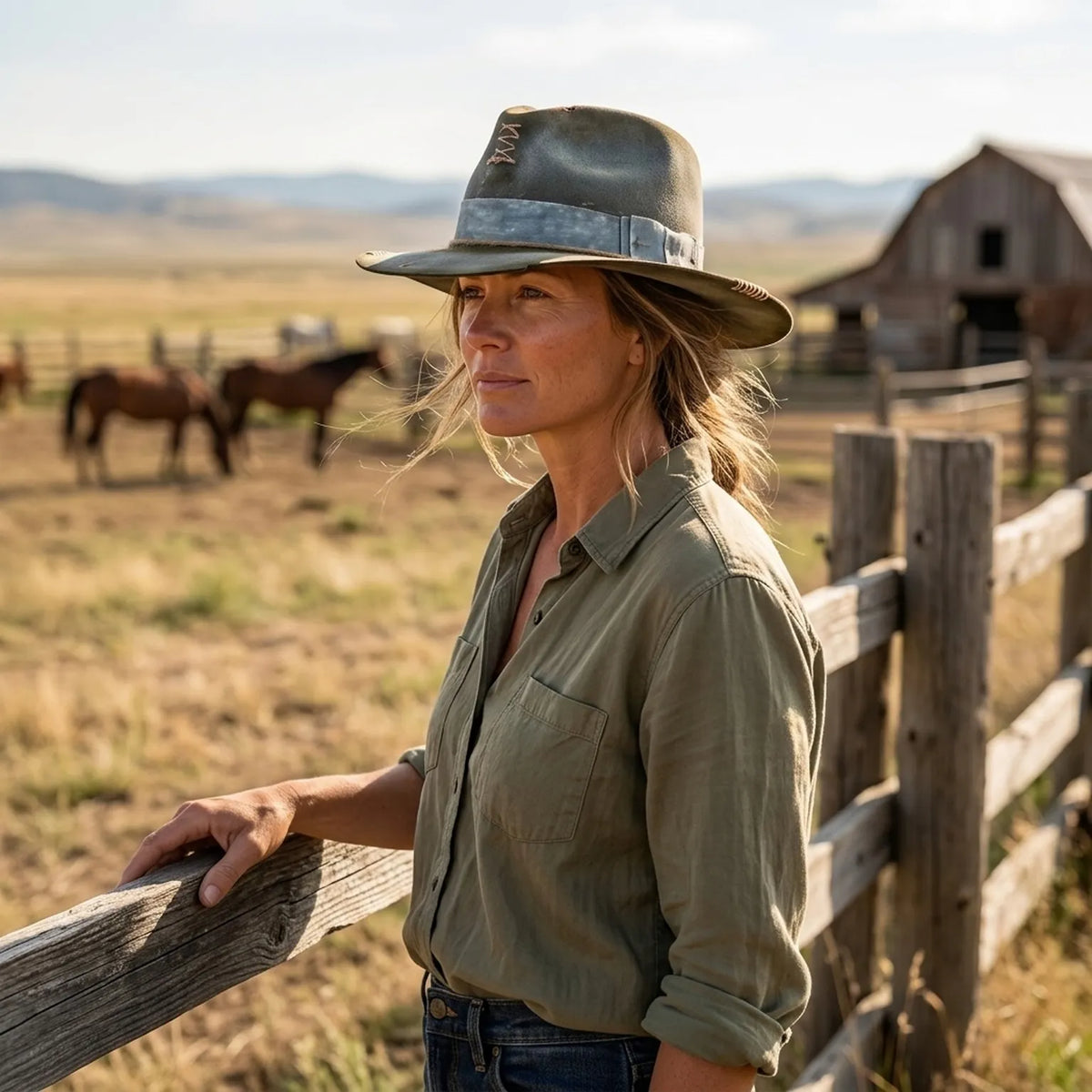 Olive Distressed Western Hat With Raffia Band And Lace-Up Crown