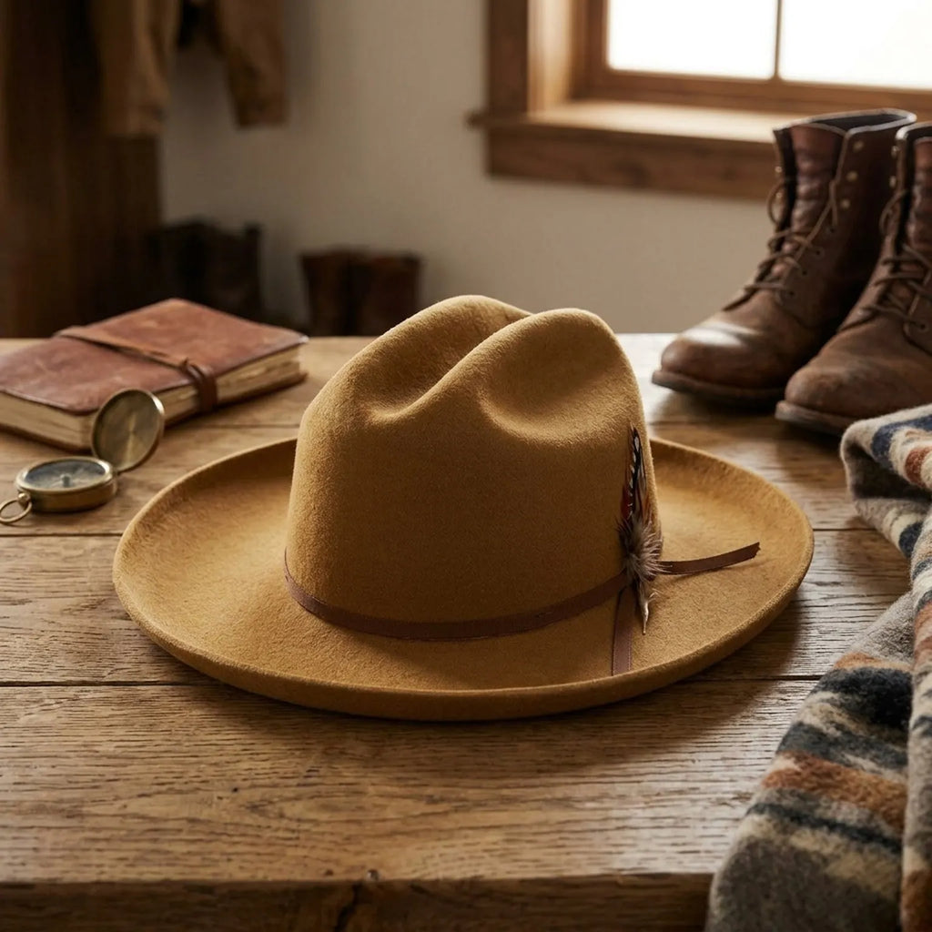 Unisex Mustard Wool Felt Western Hat with Feather Band