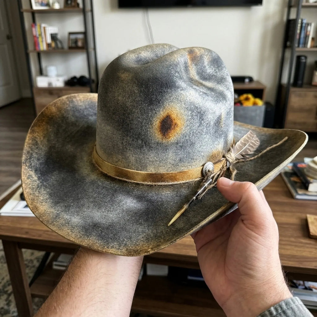 Distressed Gray Felt Cowboy Hat with Feather Concho Band