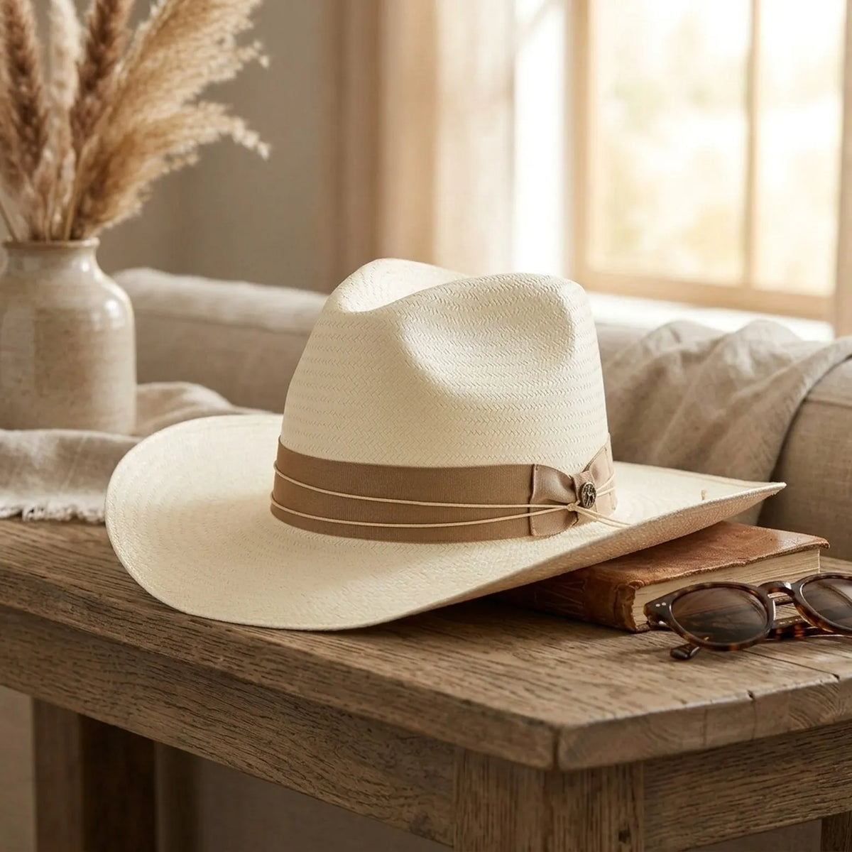 Unisex Ivory Straw Cowboy Hat with Grosgrain Ribbon Band