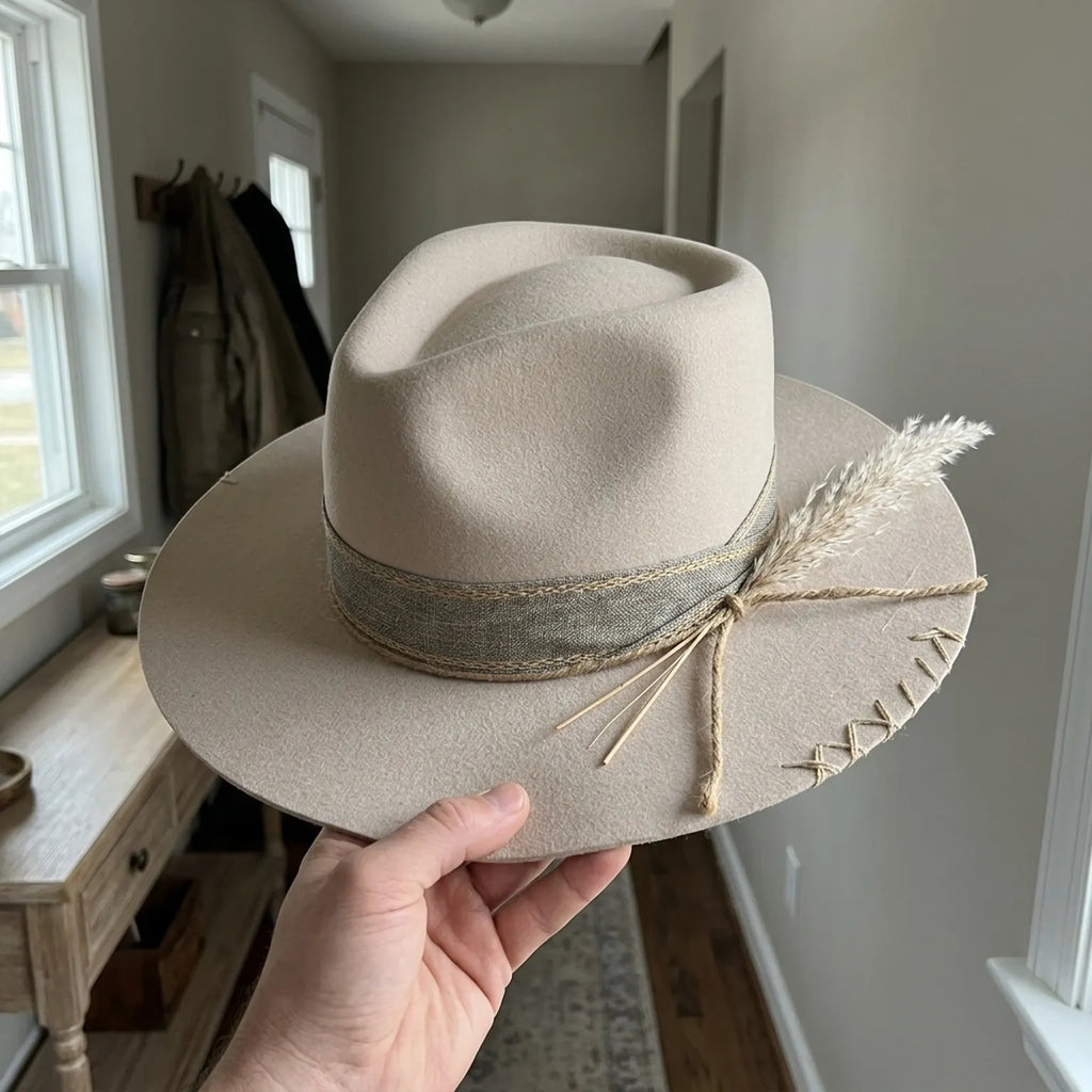 Sand Felt Fedora With Linen Band And Wheat Stem Accent