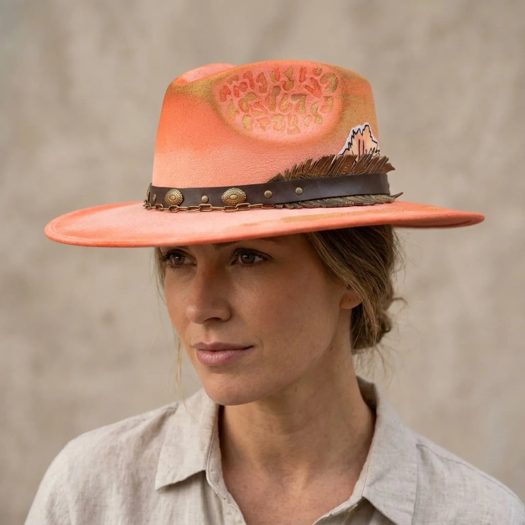 Coral Satin Fedora with Gold Leaf Print and Brass Chain