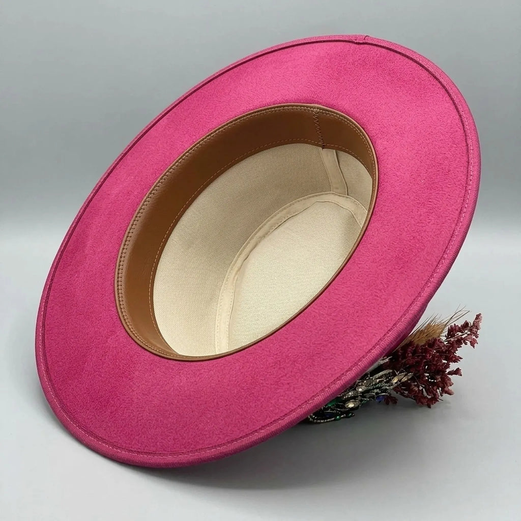 Hot Pink Fedora with Floral Embroidery and Crystal Brooch