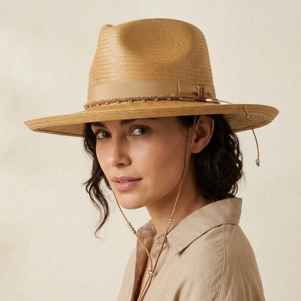 Tan Straw Western Hat with Beaded Trim Band and Curled Brim