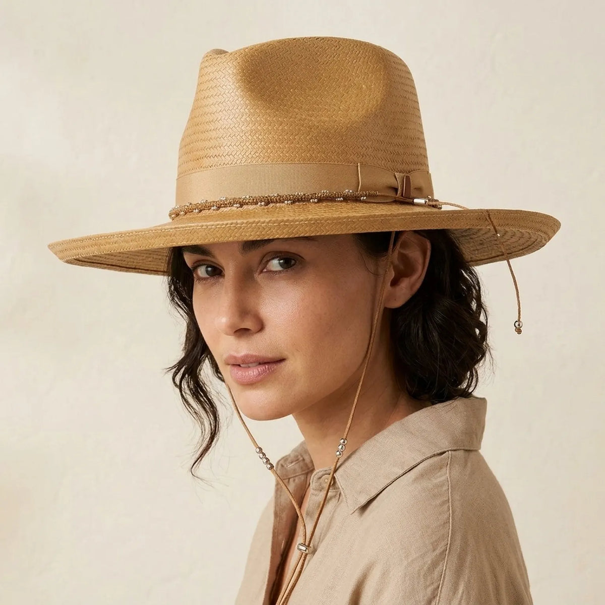 Tan Straw Western Hat with Beaded Trim Band and Curled Brim