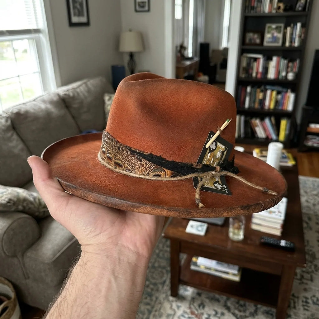 Burnt Orange Felt Fedora Tooled Leather Band Playing Cards