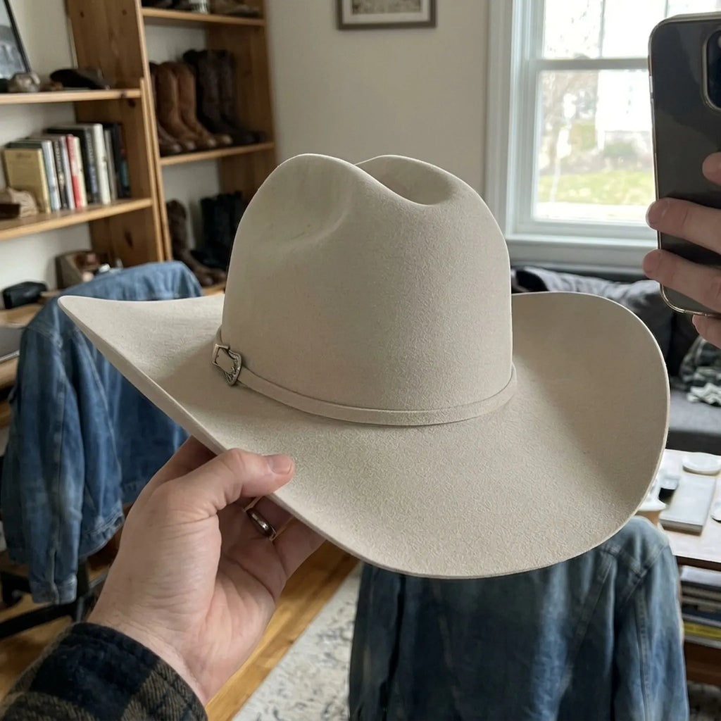 Cream Felt Cowboy Hat with Curved Wide Western Style Brim
