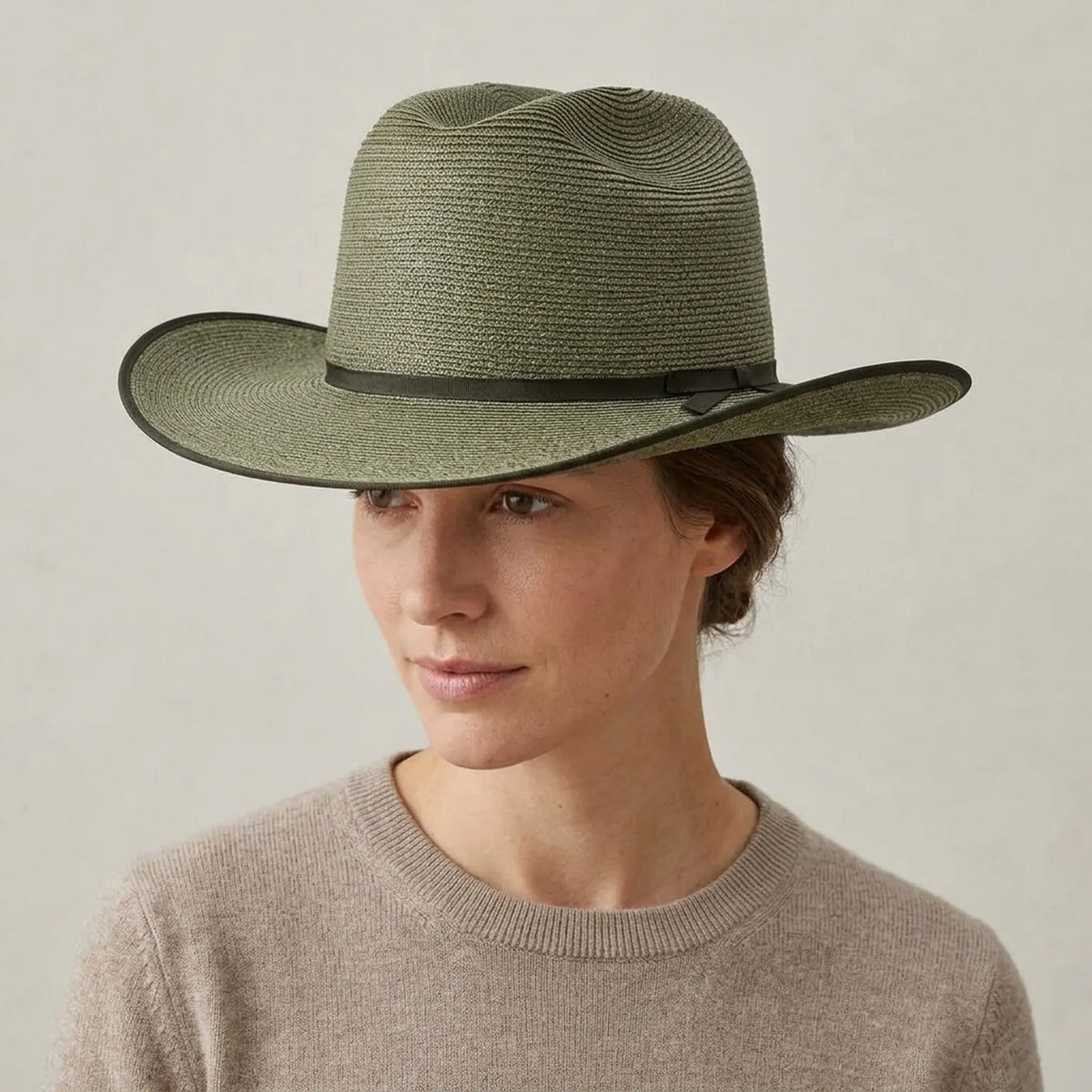 Olive Green Panama Hat in Straw with Bound Edge Detail