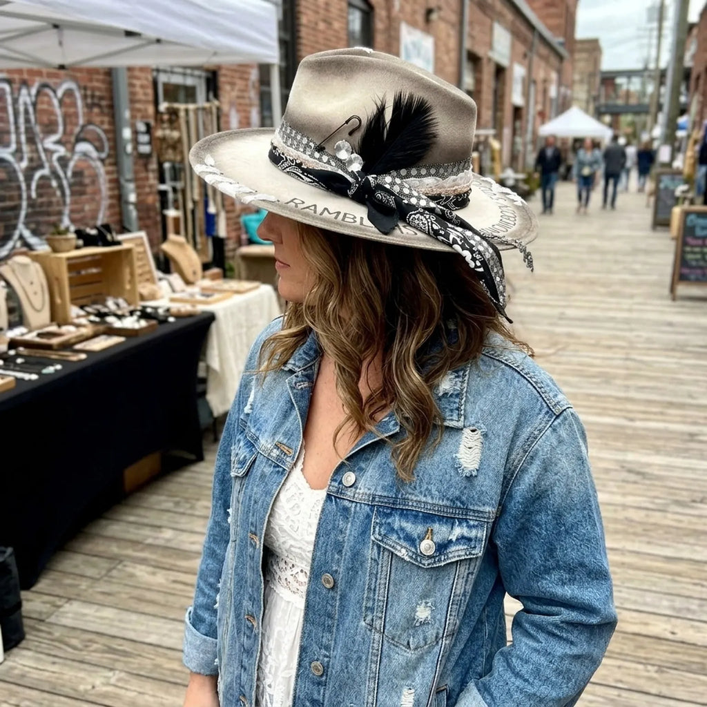 Distressed Beige Fedora with Bandana Scarf and Feather Accent