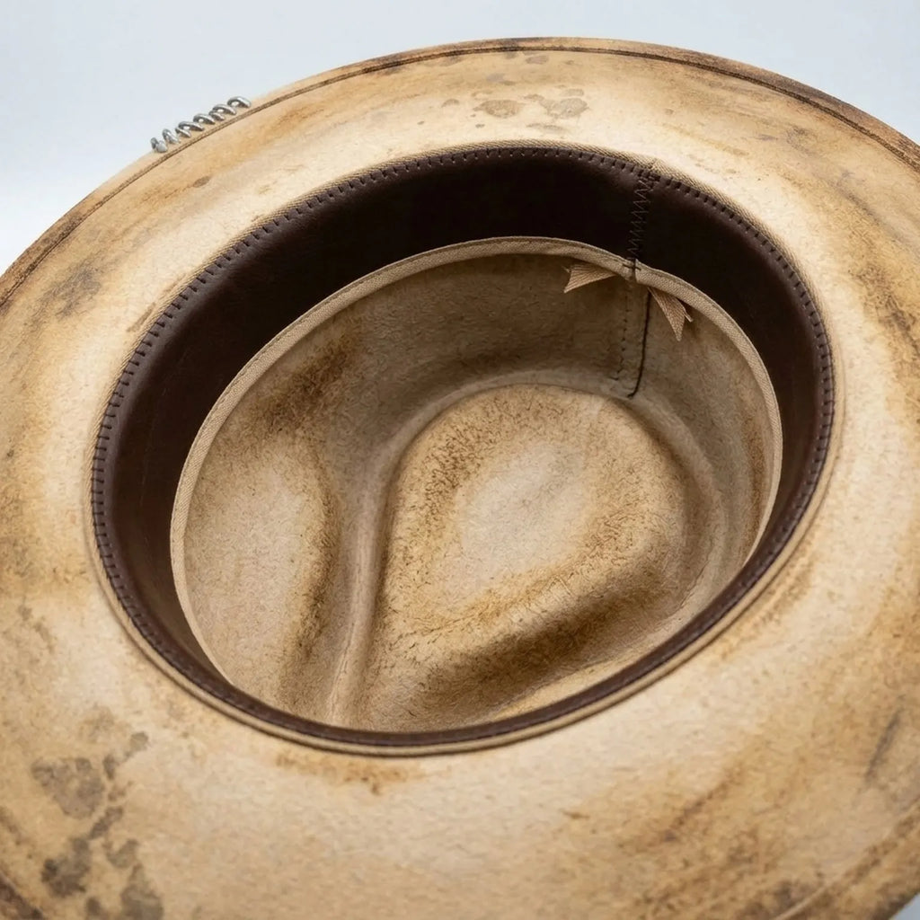 Weathered Tan Fedora with Turquoise Beads and Feather Band