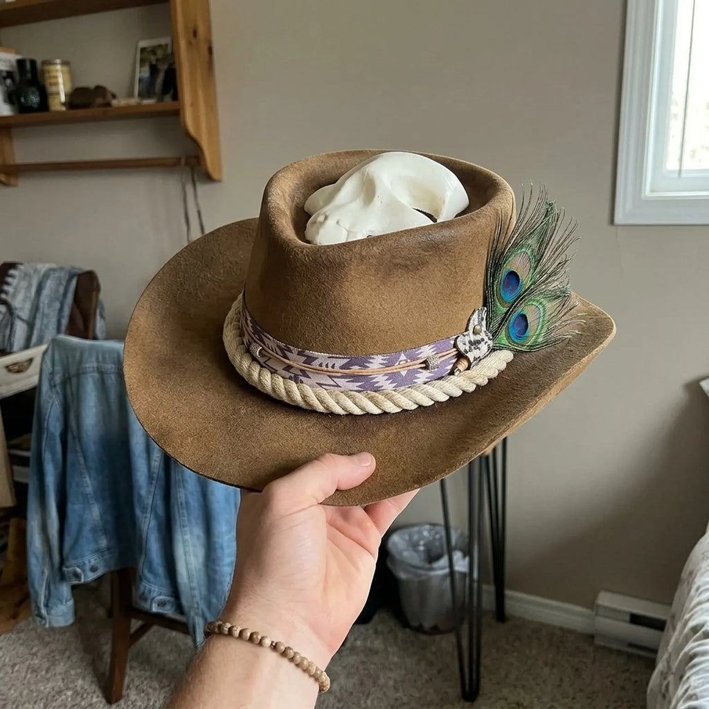 Western Cowboy Hat with Peacock Feather and Rope Band