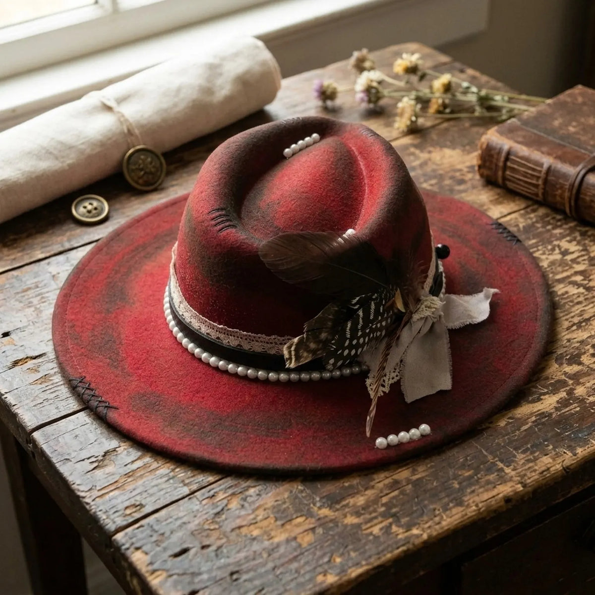 Red Distressed Fedora with Pearl Strands, Lace and Feather Bow