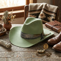 Sage Green Felt Cowboy Hat with Layered Chain and Feather Band