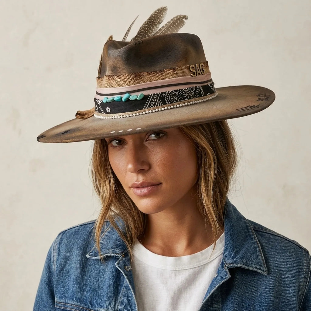 Brown Wide Brim Festival Hat with Feathers and Turquoise Beads